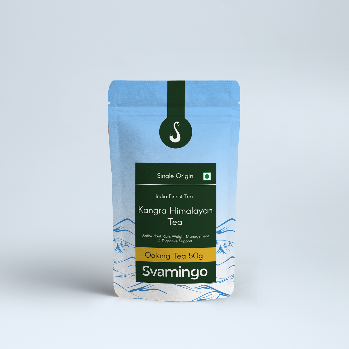 Svamingo Kangra oolong tea pouch 50g on a plain surface and clean background