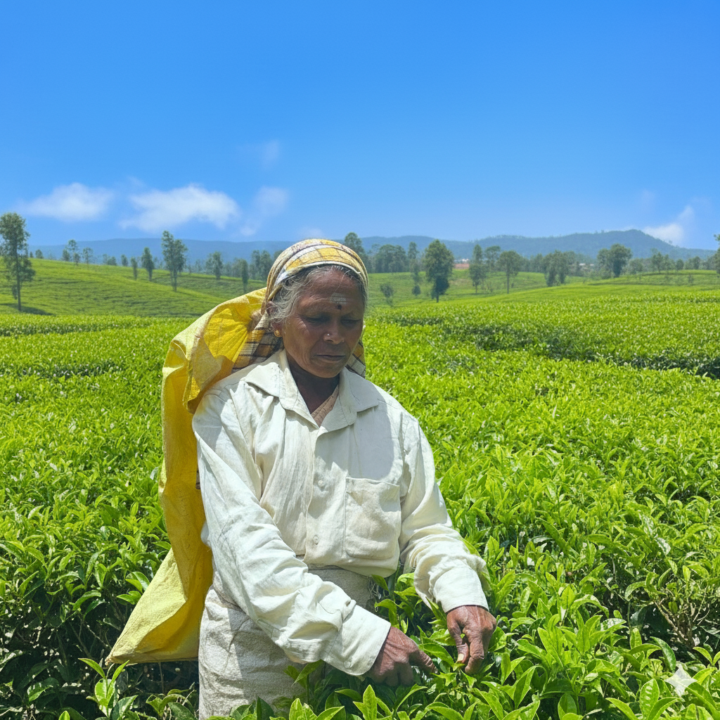 tea worker plucking fresh green tea leaves in nilgiri tea farm in nilgiri, tamil nadu