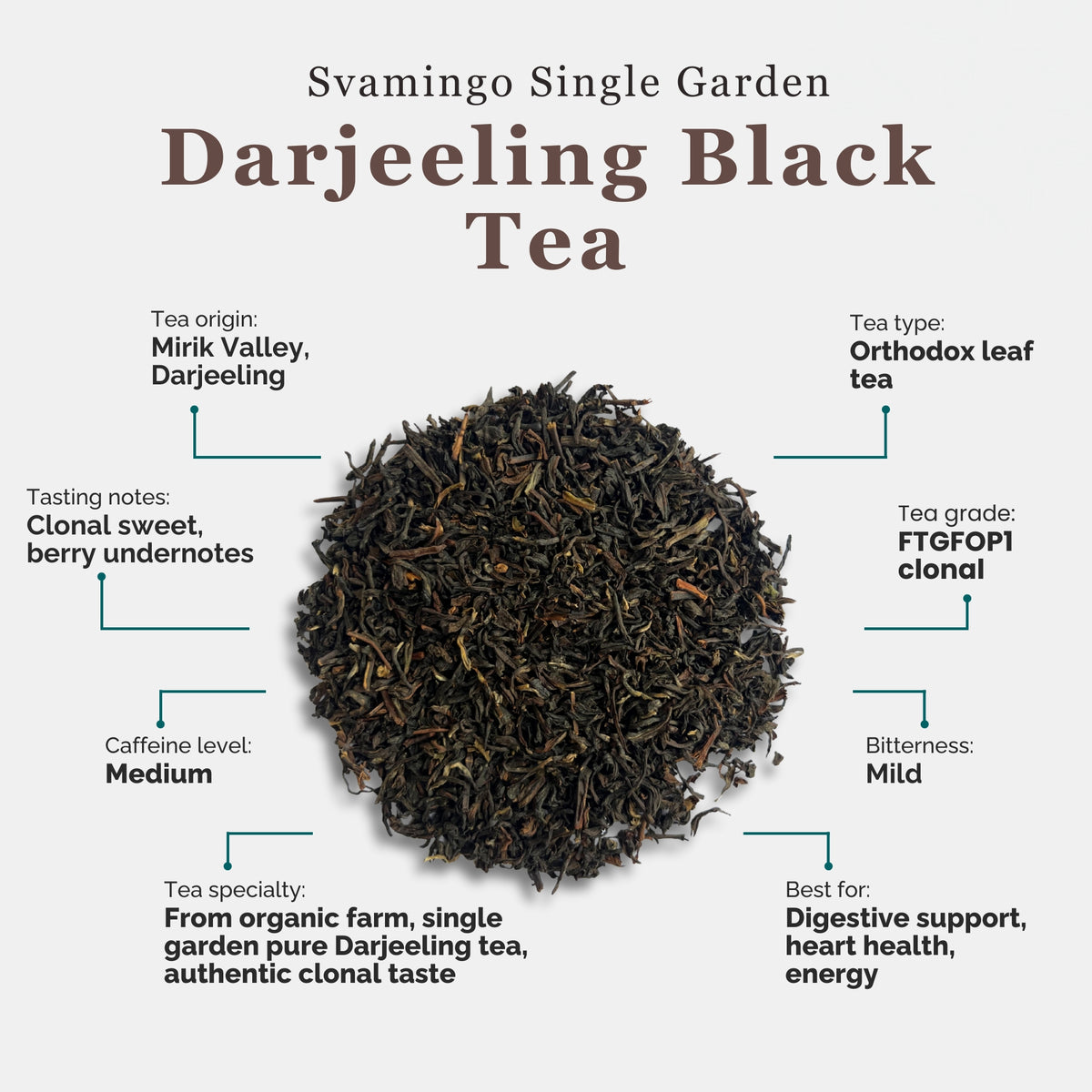 svamingo darjeeling black tea attributes including tea origin, tea type, tasting notes, caffeine level