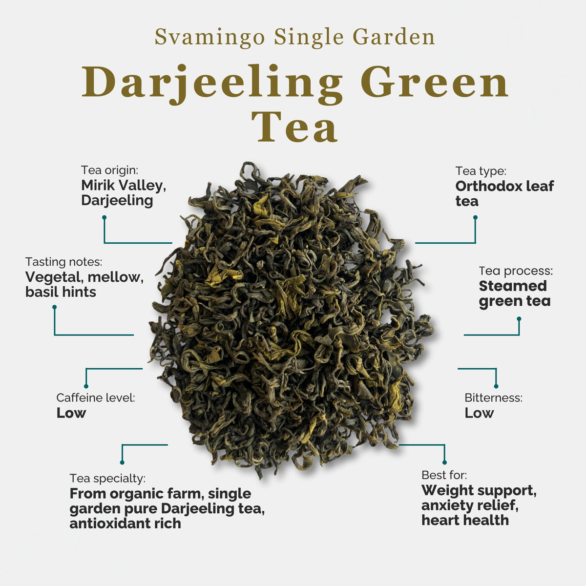 svamingo darjeeling green tea attributes including tea origin, tea type, tasting notes, caffeine level