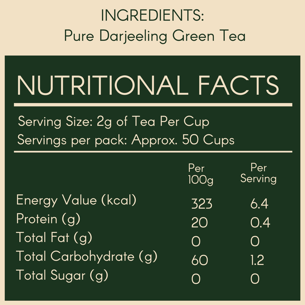 Nutritional facts label for Pure Darjeeling Green Tea from svamingo