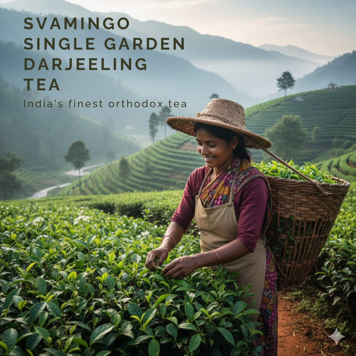 Woman working in a darjeeling tea estate with tea plantation and mountains in the background, promoting SVAMINGO Single Garden Darjeeling Tea.